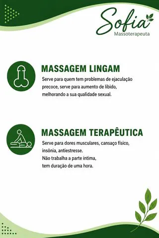 Olá! 💆‍♀️ Trabalho com massagem terapêutica e massagem Lingam. Atendimento com profissionalismo, discrição e respeito. Estou disponível para agendamentos. Reserve seu horário!
