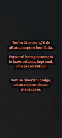 Fotos pessoais só pelo Whatsapp! Ótima profissional, te deixo a vontade. Para me conhecer melhor só me enviar mensagem diretamente ao Whatsapp, satisfaço todas suas vontades e prazer! Tenho 21 anos, sou clara, alta e magra. Me chama para conhecer meus conteúdos e se te agradar conhecer pessoalmente essa 🌶tinha..