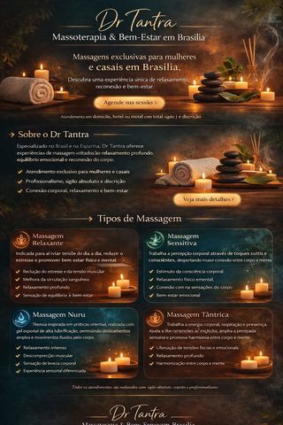 Dr Tantra – Massoterapia e Bem‑Estar em Brasília

Home

O Dr Tantra oferece experiências exclusivas de massoterapia voltadas ao relaxamento profundo, reconexão corporal e equilíbrio entre corpo e mente. Cada sessão é conduzida com profissionalismo, discrição e respeito, proporcionando um ambiente seguro e acolhedor.

Especialização em técnicas de massagem no Brasil e na Espanha, com atendimento personalizado para cada cliente.

Atendimento exclusivo para mulheres e casais.

Atendimento em domicílio, hotéis ou motéis em Brasília – DF.

Agendamentos mediante contato pelo link disponível na bio ou página de contato.


---

Sobre

O Dr Tantra atua na área de massoterapia com foco em bem‑estar, relaxamento e consciência corporal.

Com formação e especialização em técnicas desenvolvidas no Brasil e na Espanha, o atendimento é realizado de forma profissional, discreta e personalizada.

Cada sessão é planejada para proporcionar relaxamento profundo, redução do estresse e reconexão com o próprio corpo.

O objetivo é oferecer uma experiência de cuidado, presença e equilíbrio físico e emocional.


---

Serviços

Massagem Relaxante

Indicada para aliviar tensões musculares, reduzir o estresse e promover bem‑estar físico e mental.

Benefícios:

Relaxamento profundo

Redução do estresse

Melhora da circulação

Alívio das tensões do dia a dia


Massagem Sensitiva

Técnica que trabalha a percepção corporal por meio de toques sutis e conscientes, estimulando maior conexão entre corpo e mente.

Benefícios:

Estímulo da consciência corporal

Relaxamento físico e emocional

Maior percepção das sensações do corpo


Massagem Nuru

Técnica inspirada em práticas orientais realizada com gel especial de alta lubrificação, permitindo movimentos fluidos e deslizamentos amplos.

Benefícios:

Relaxamento intenso

Sensação de leveza

Estímulo sensorial


Massagem Tântrica

Prática que trabalha respiração, energia corporal e presença, ajudando a liberar tensões físicas e emocionais.

Benefícios:

Ampliação da consciência corporal

Relaxamento profundo

Equilíbrio entre corpo e mente



---

Atendimento

Os atendimentos são realizados de forma personalizada e com total sigilo.

✔ Atendimento exclusivo para mulheres ✔ Atendimento para casais homem/mulher ✔ Atendimento para casais mulher/mulher ✔ Sessões personalizadas ✔ Atendimento em domicílio, hotel ou motel ✔ Acompanhamento em casas noturnas e casas de swing mediante agendamento ✔ Região de atendimento: Brasília – DF


---

Agendamento

Os atendimentos são realizados somente com agendamento prévio para garantir organização, privacidade e atendimento exclusivo.

Entre em contato para verificar disponibilidade de horários.

Link para contato disponível na bio ou nesta página.

Sigilo, respeito e profissionalismo em todos os atendimentos.